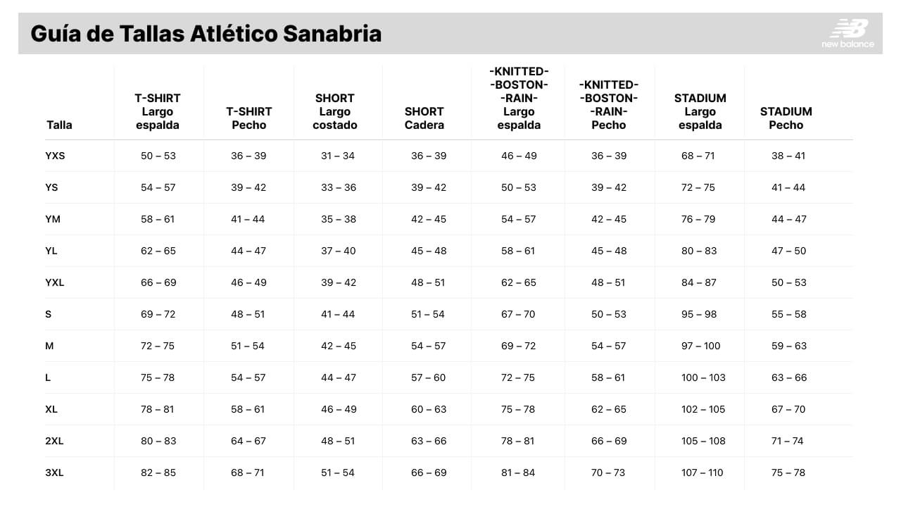 Guía de tallas Atletico Sanabría · New Balance